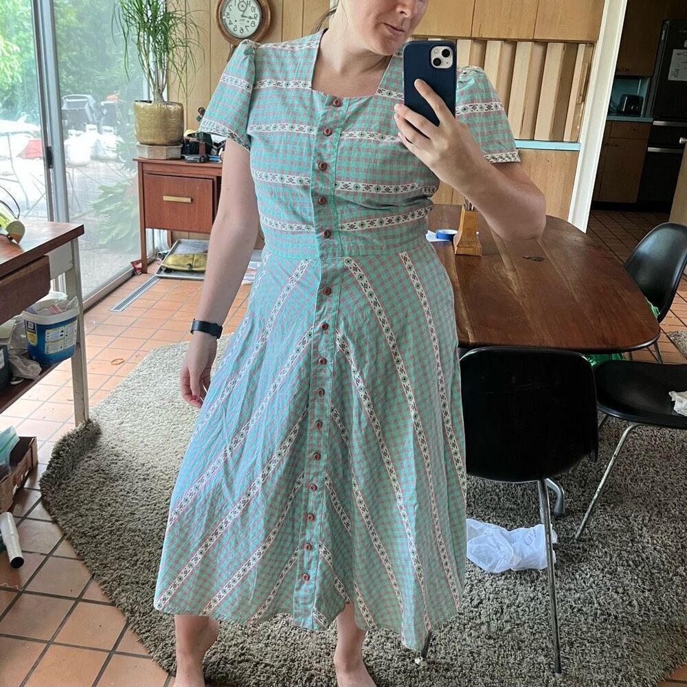 True Vintage Wayne Maid 1950s Gingham Shirtwaist Dress – Pink & Turquoise, M/L - Picture 2 of 14